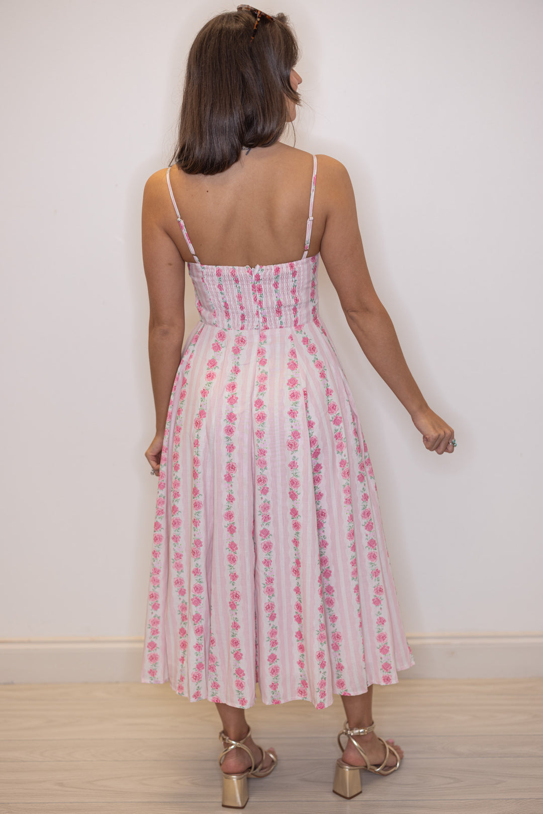 pale pink and cream striped floral print sleeveless midi dress zipper closure