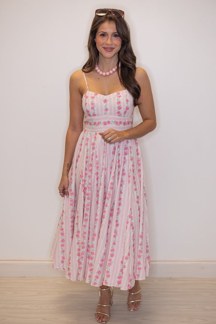 pale pink and cream striped floral print sleeveless midi dress