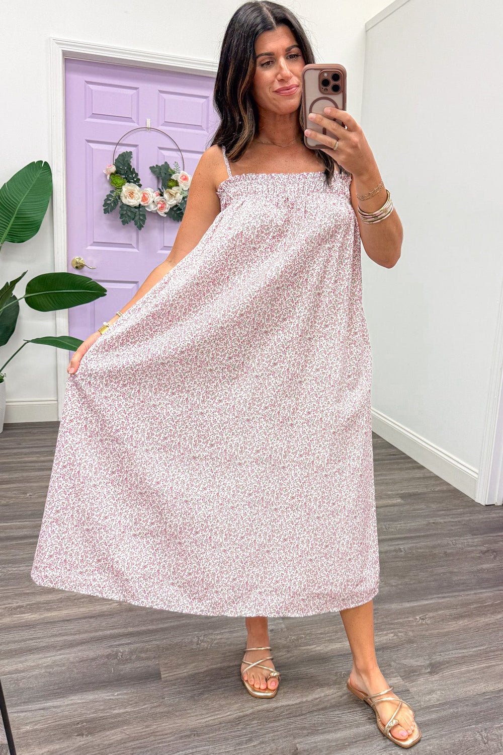 pink green and cream small floral print sleeveless relaxed silhouette midi dress
