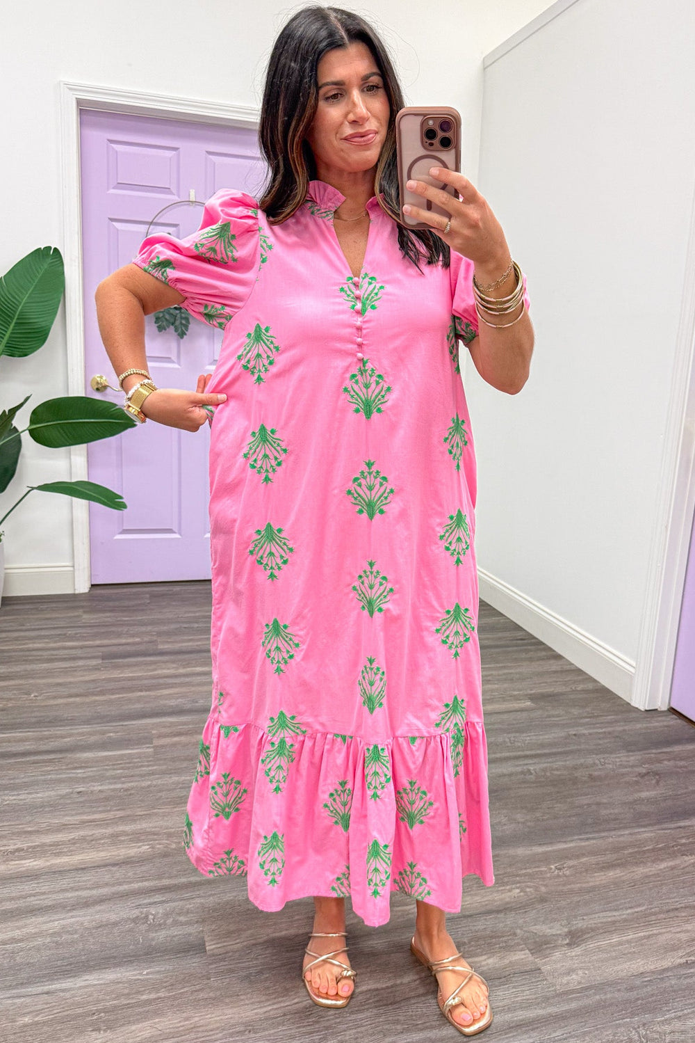 pink with green embroidered flowers short sleeve relaxed silhouette midi dress