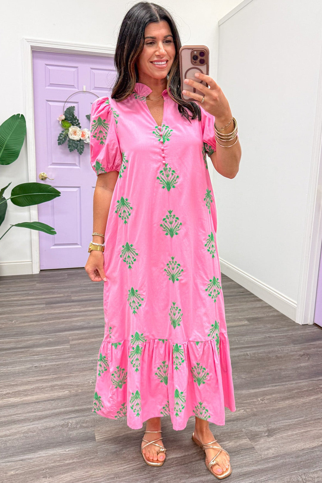 pink with green embroidered flowers short elastic cuffed puff sleeves midi dress