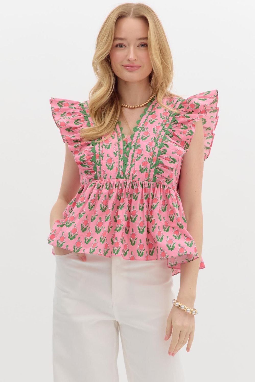Entro Pink, red and green floral print peplum top with green ric-rac trim