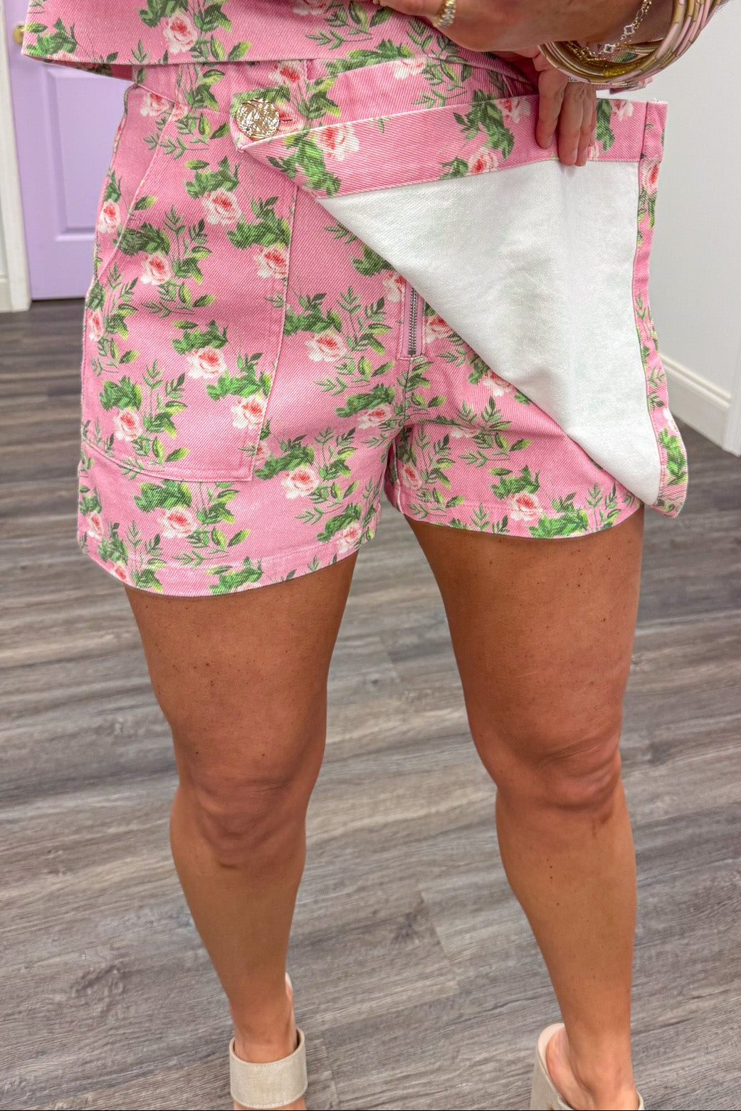 pink green and cream floral print denim mini skort button zipper closure