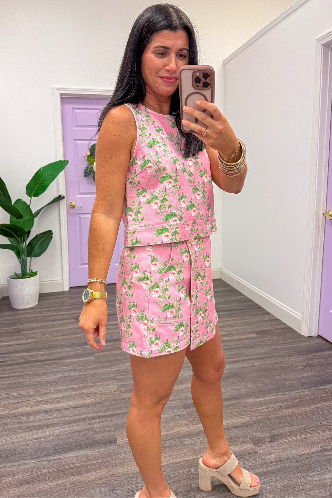 pink green and cream floral print denim crew neckline sleeveless top