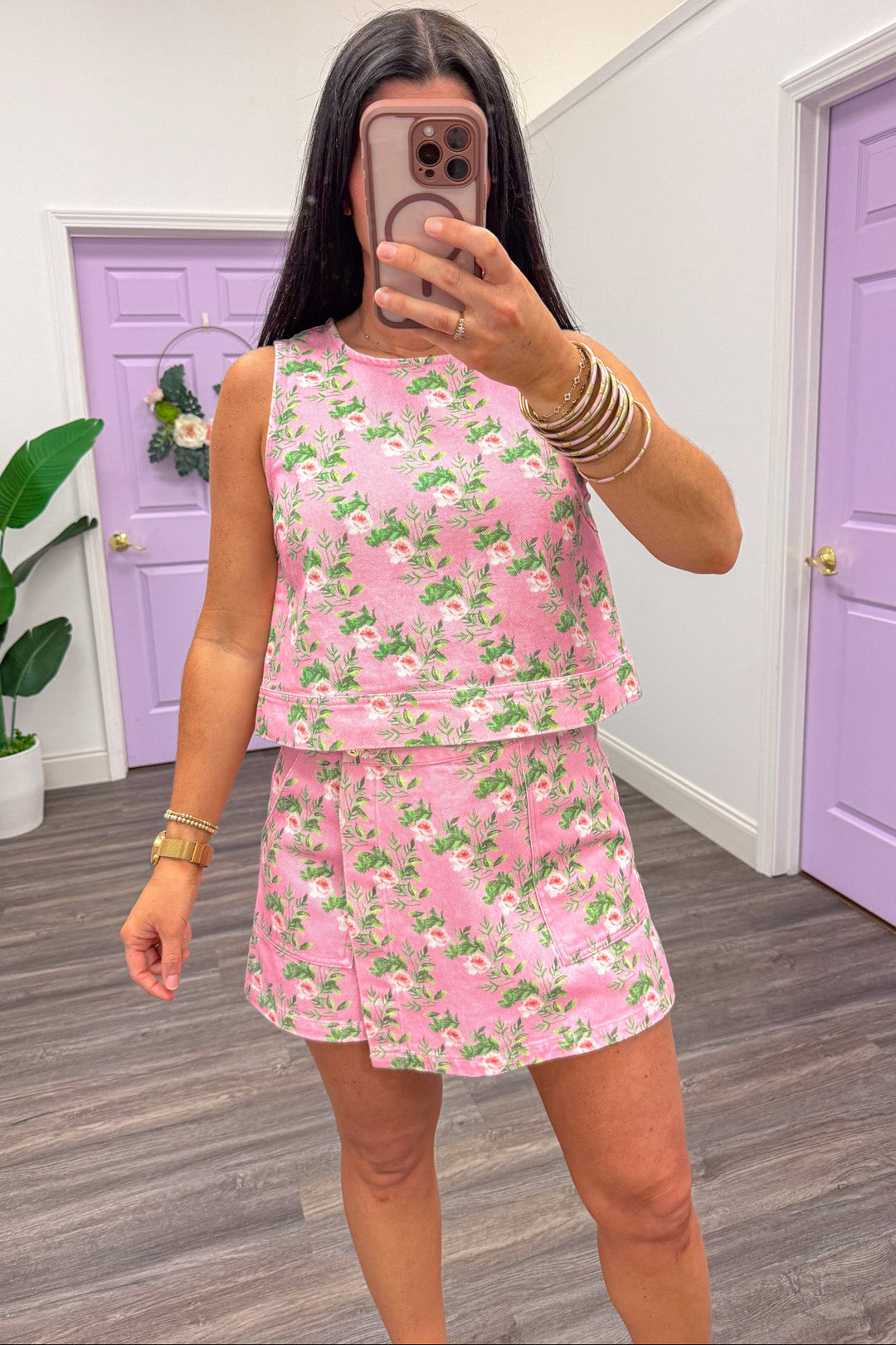 pink green and cream floral print denim sleeveless top