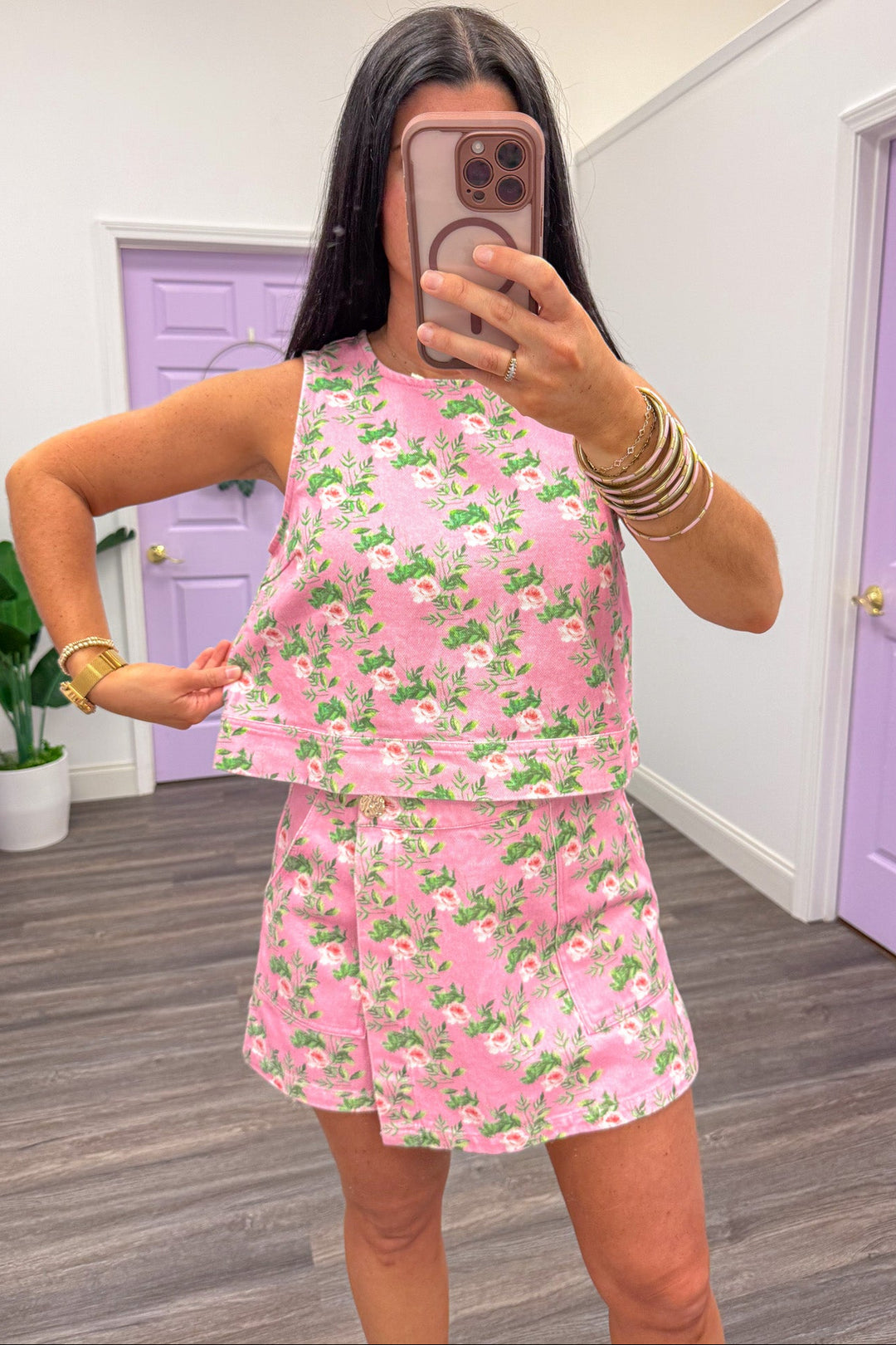 pink green and cream floral print denim sleeveless semi-cropped top