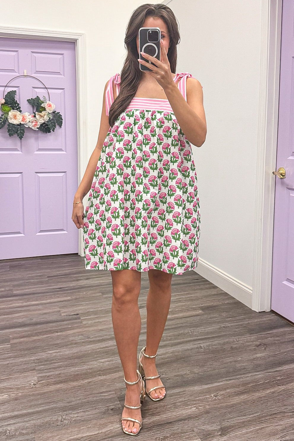 cream pink and green floral print striped trim square neckline babydoll dress