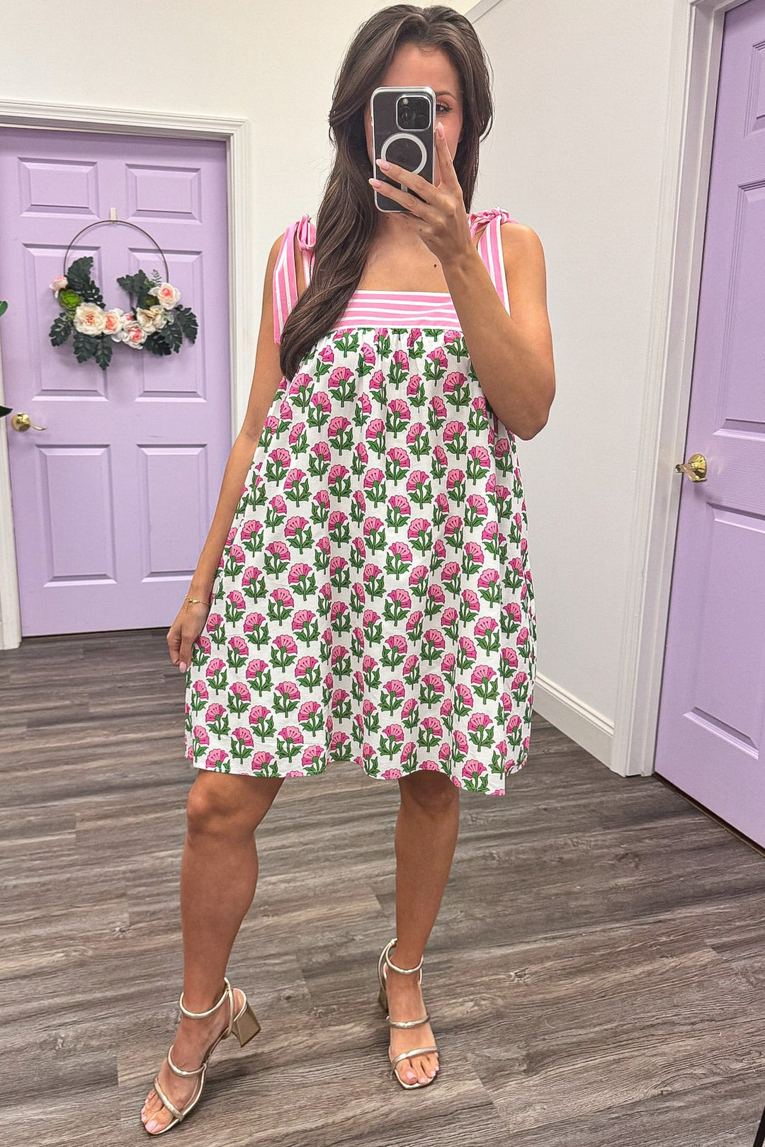 cream pink and green floral print striped trim poplin babydoll dress