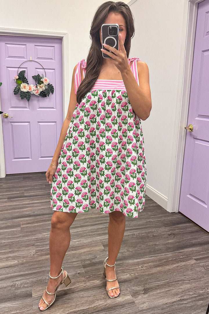 cream pink and green floral print striped trim poplin babydoll dress