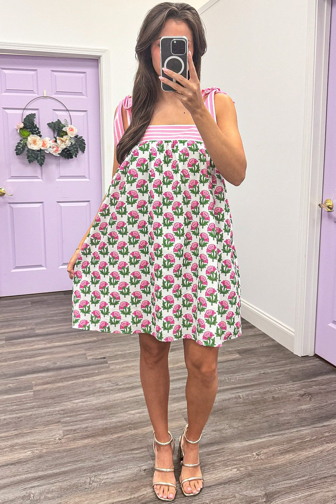cream pink and green floral print striped trim flowy silhouette babydoll dress