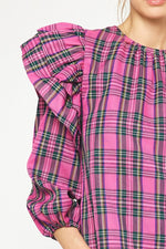 Entro Pink and green plaid ruffle shoulder top