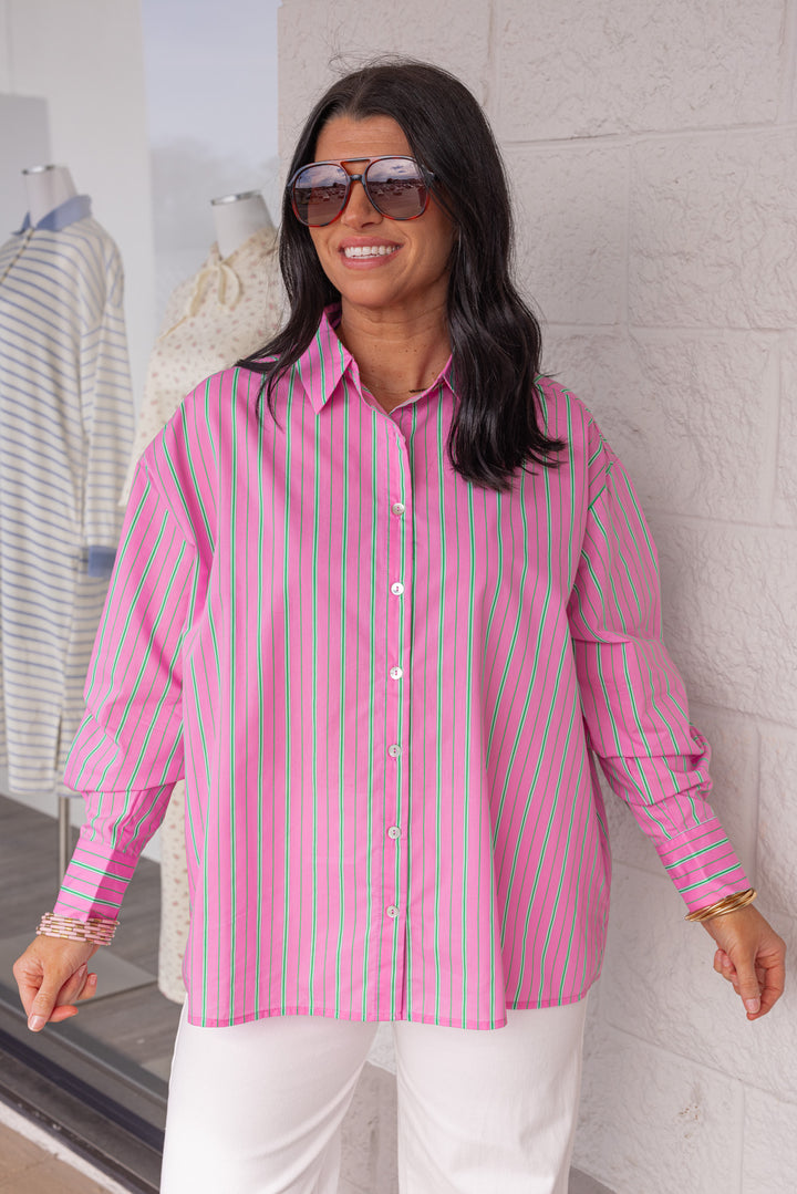 pink green striped button down cotton top
