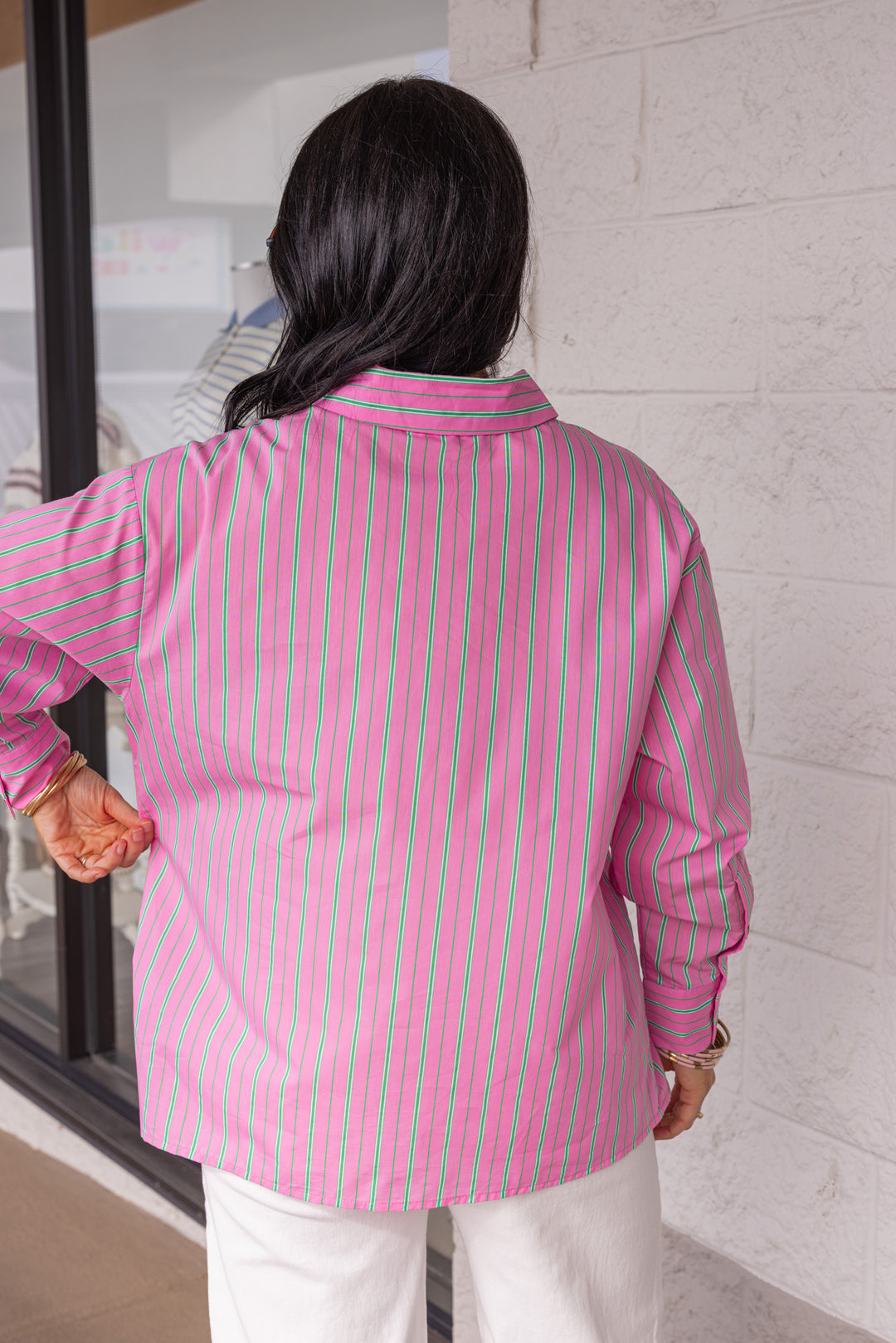 relaxed fit pink striped button down top back