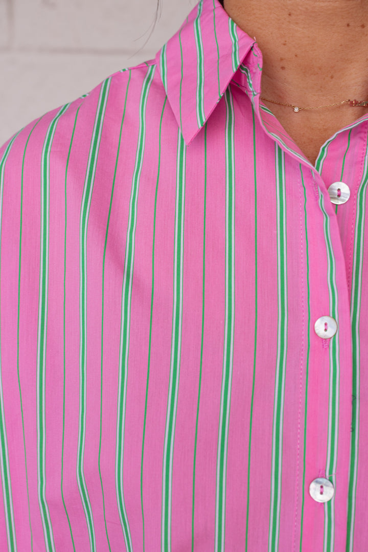 pink green striped button down cotton linen top