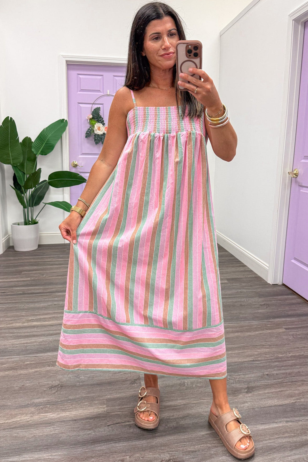 light pink sage green and tan striped sleeveless spaghetti strap cotton midi dress with flowy skirt