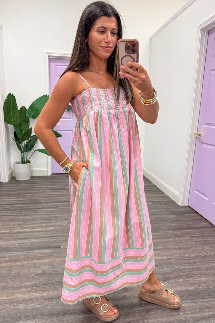 light pink sage green and tan striped sleeveless spaghetti strap cotton midi dress with side pockets