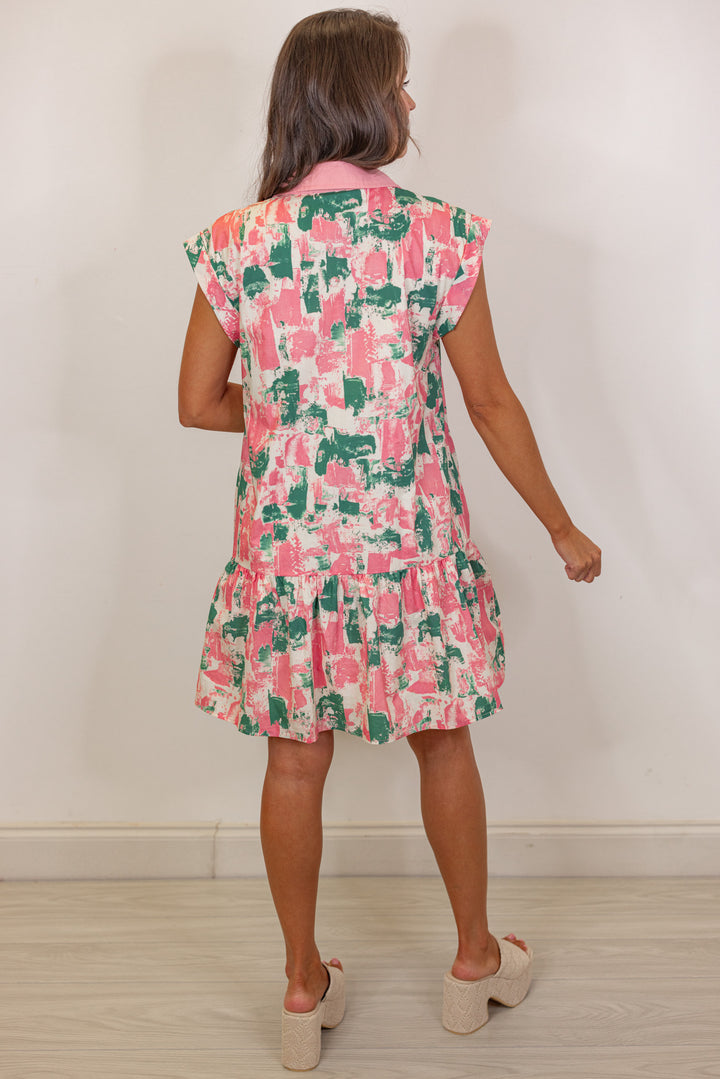 pink green watercolor peplum hem dress