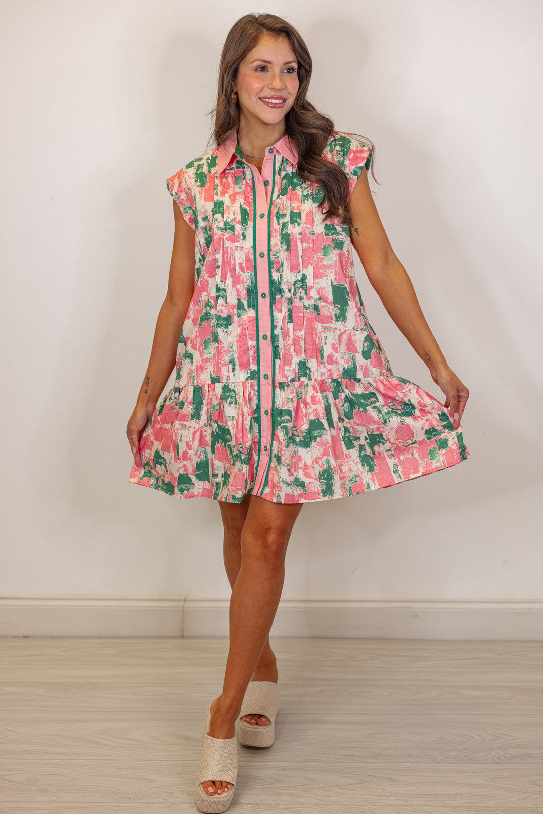 pink green watercolor peplum hem dress