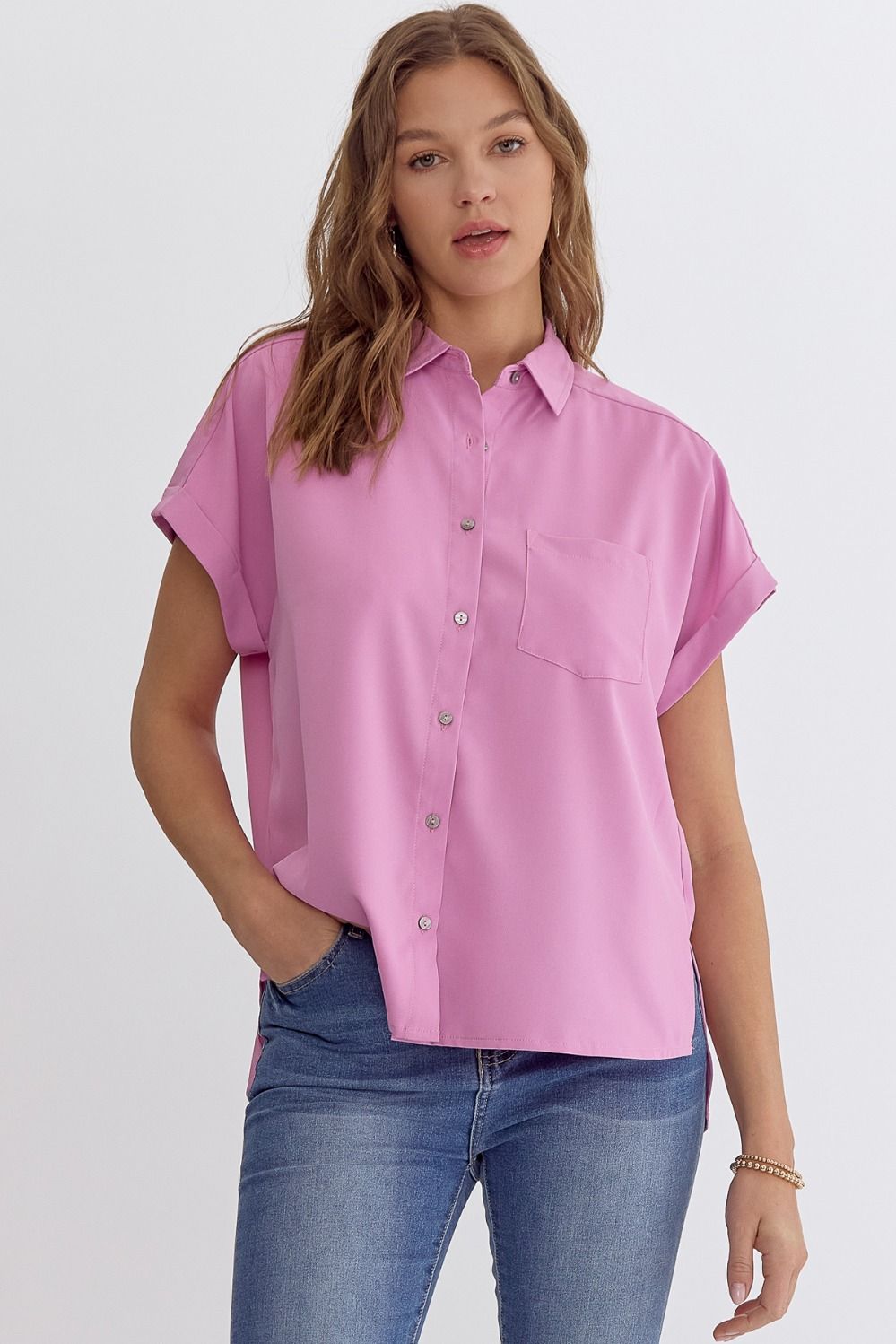 Entro Button down hi-low top in pink