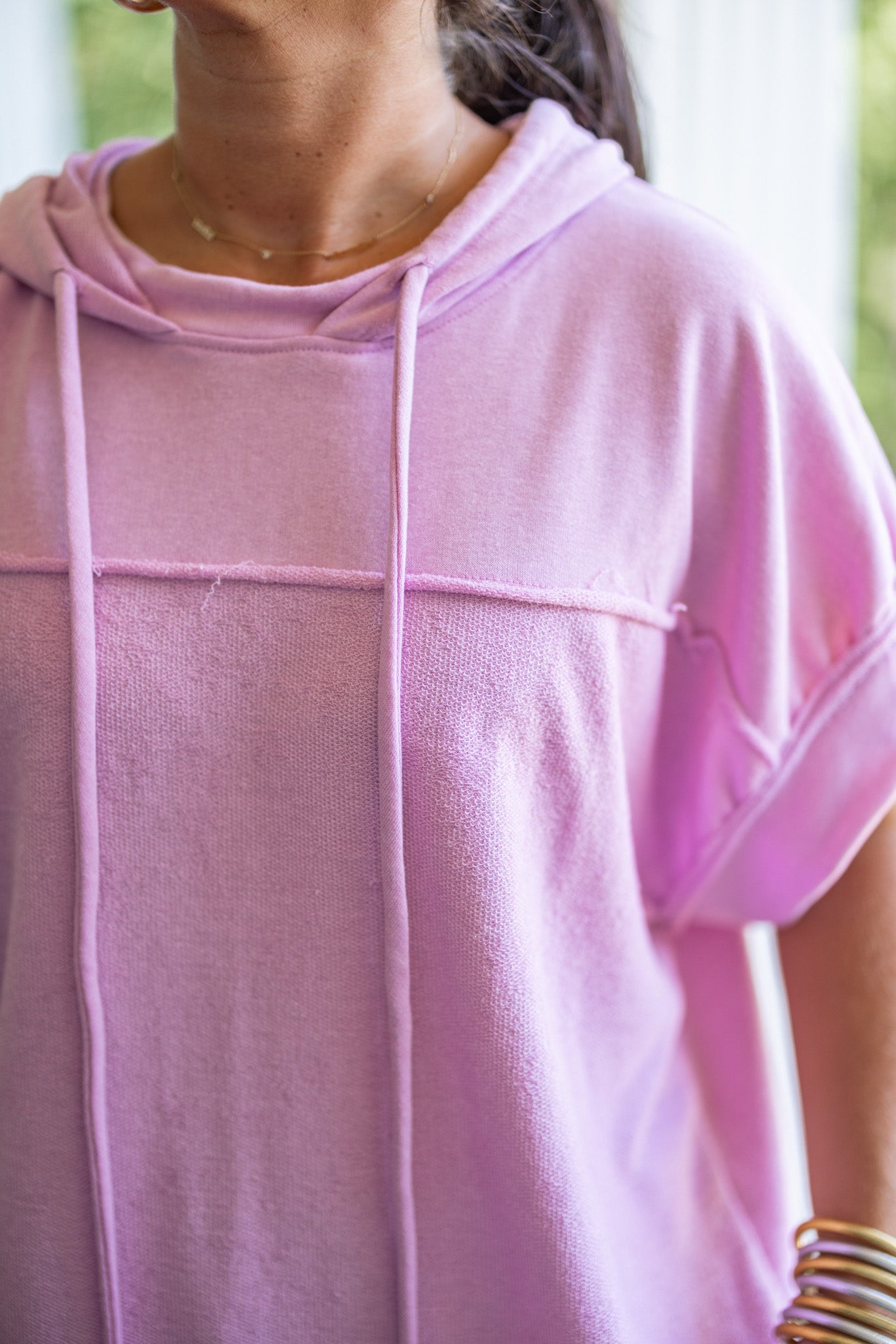 Pink Terry Knit Short Sleeve Hoodie Top | Purple Door | Commerce