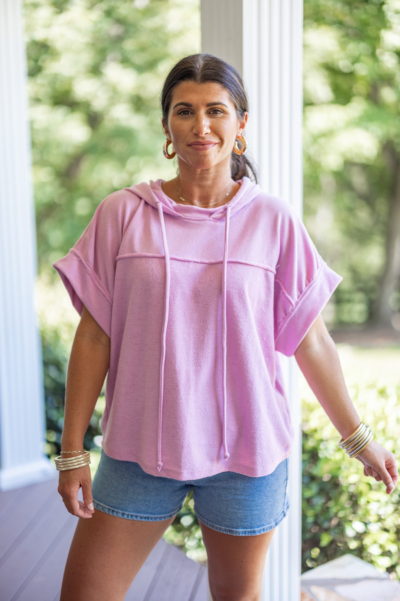 Pink Terry Knit Short Sleeve Hoodie Top | Purple Door | Commerce