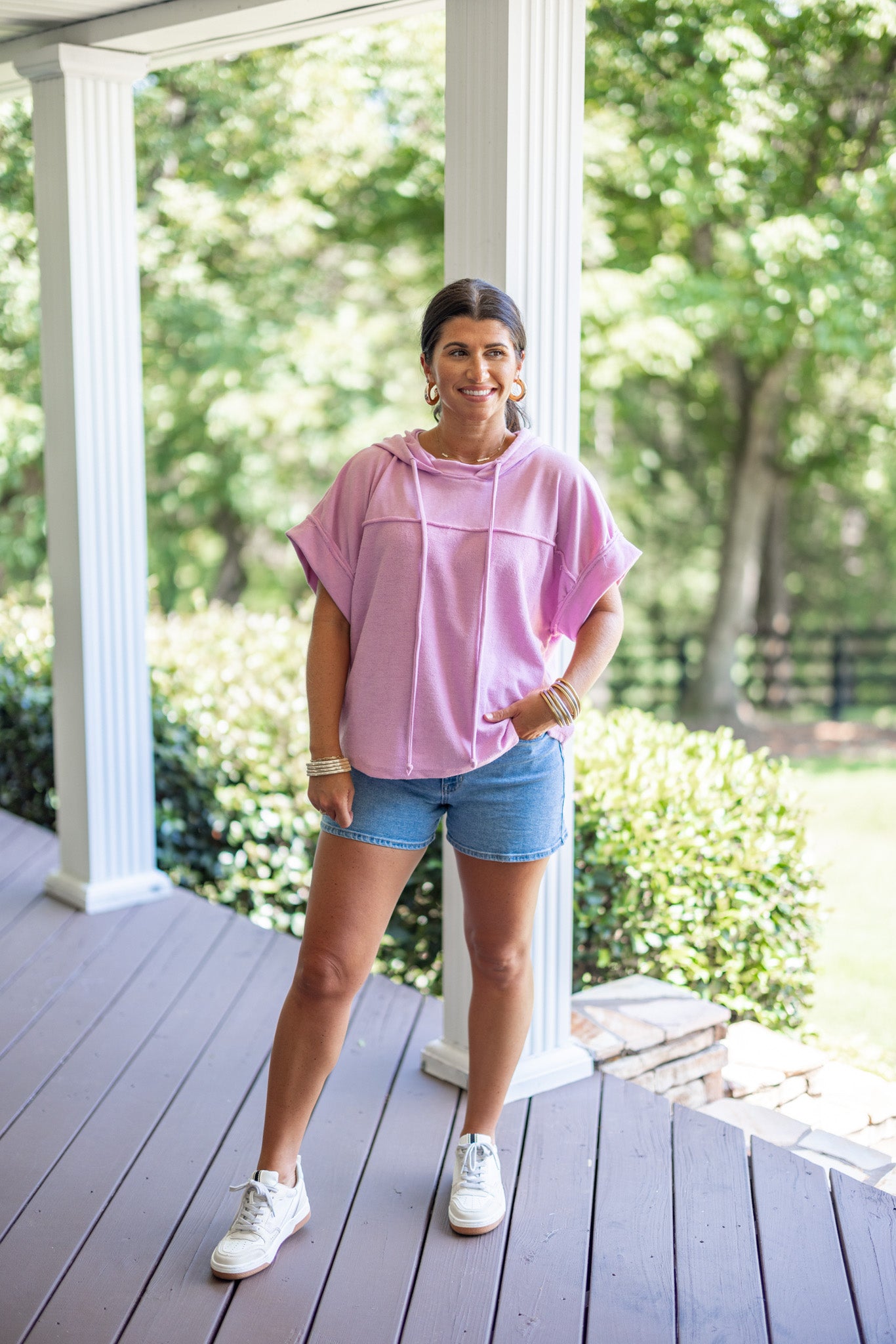 Pink Terry Knit Short Sleeve Hoodie Top | Purple Door | Commerce