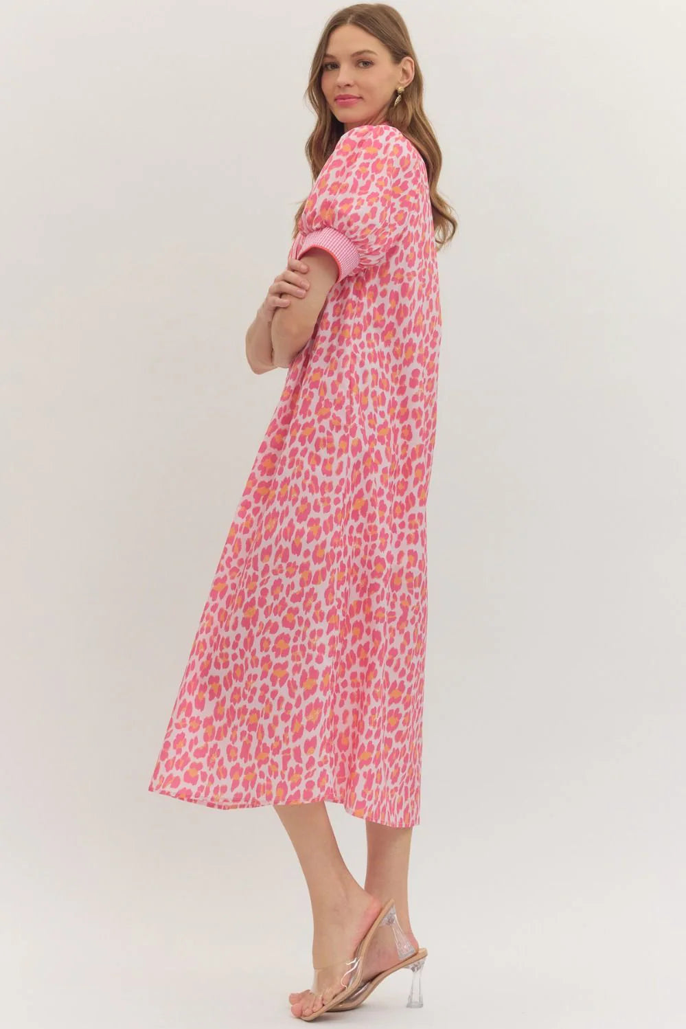 Entro pink and orange leopard print midi dress with gingham trim with a flattering silhouette