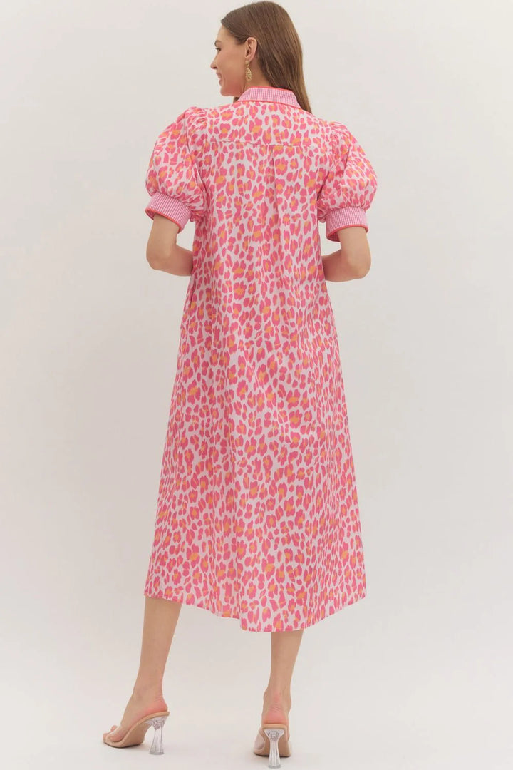 Entro pink and orange leopard print midi dress with gingham trim in lightweight cotton fabric