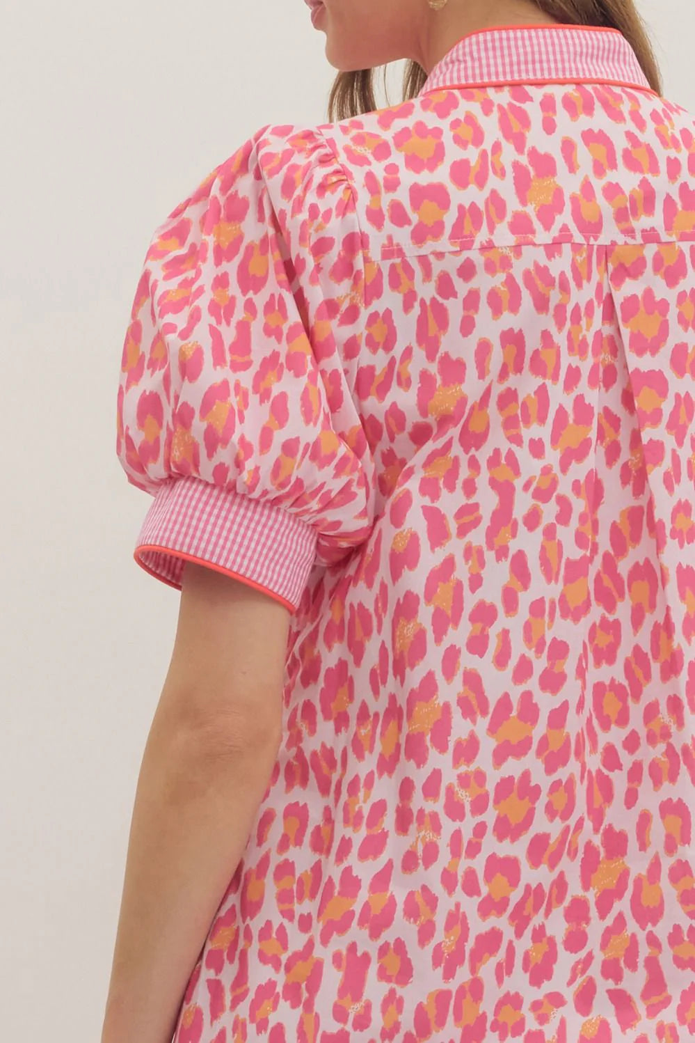 Entro pink and orange leopard print midi dress with gingham trim with tiered detail in back at shoulders