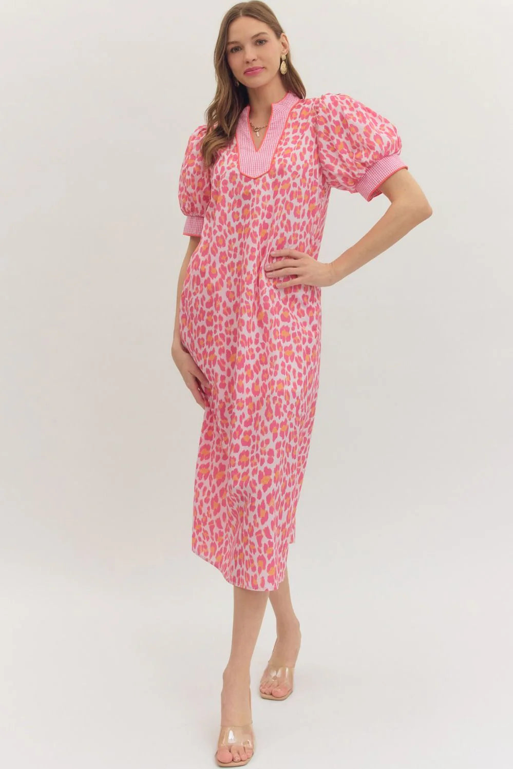 pink orange leopard dress Never Fully Dressed Plus knit wrap midi dress in pink and orange leopard