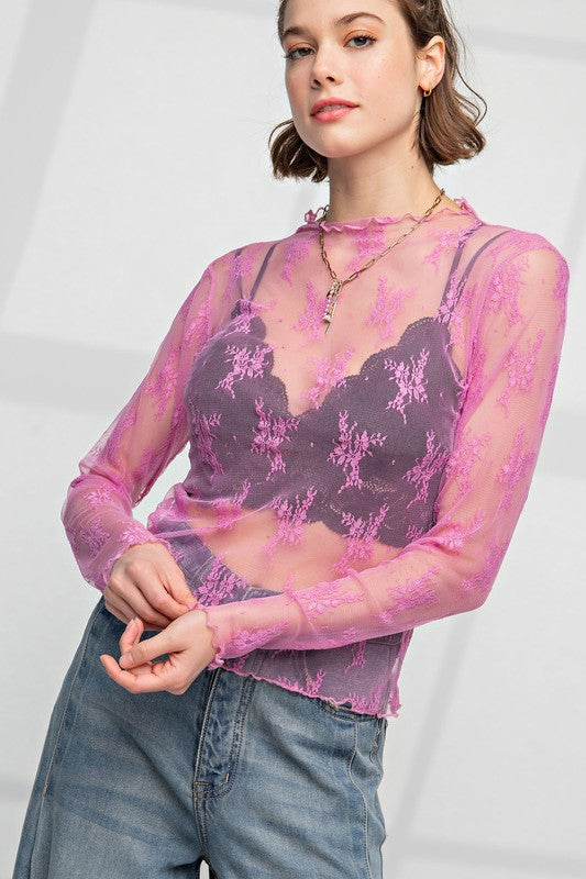 Easel Pink sheer mesh lace layering top