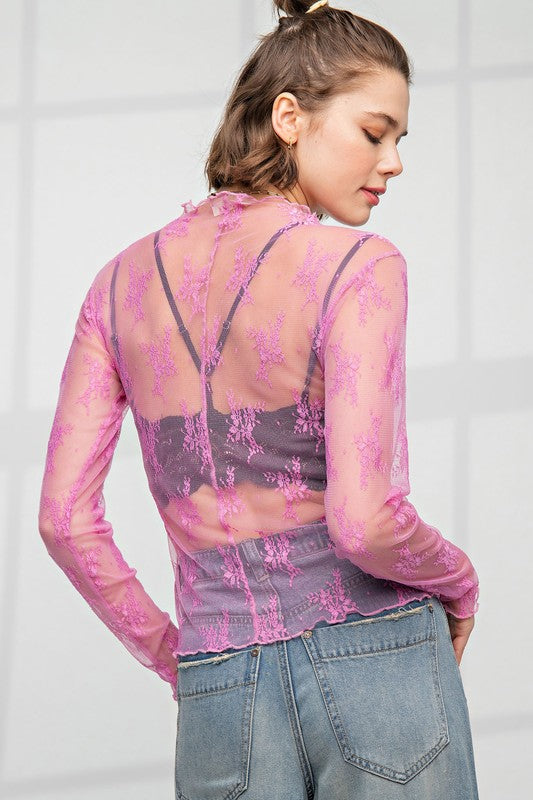 Easel Pink sheer mesh lace layering top