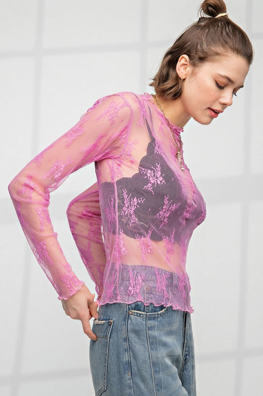 Easel Pink sheer mesh lace layering top