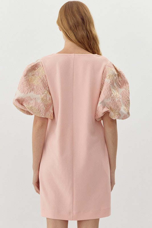 Jodifl Blush pink dress with pink, cream, and gold metallic jacquard puff sleeves