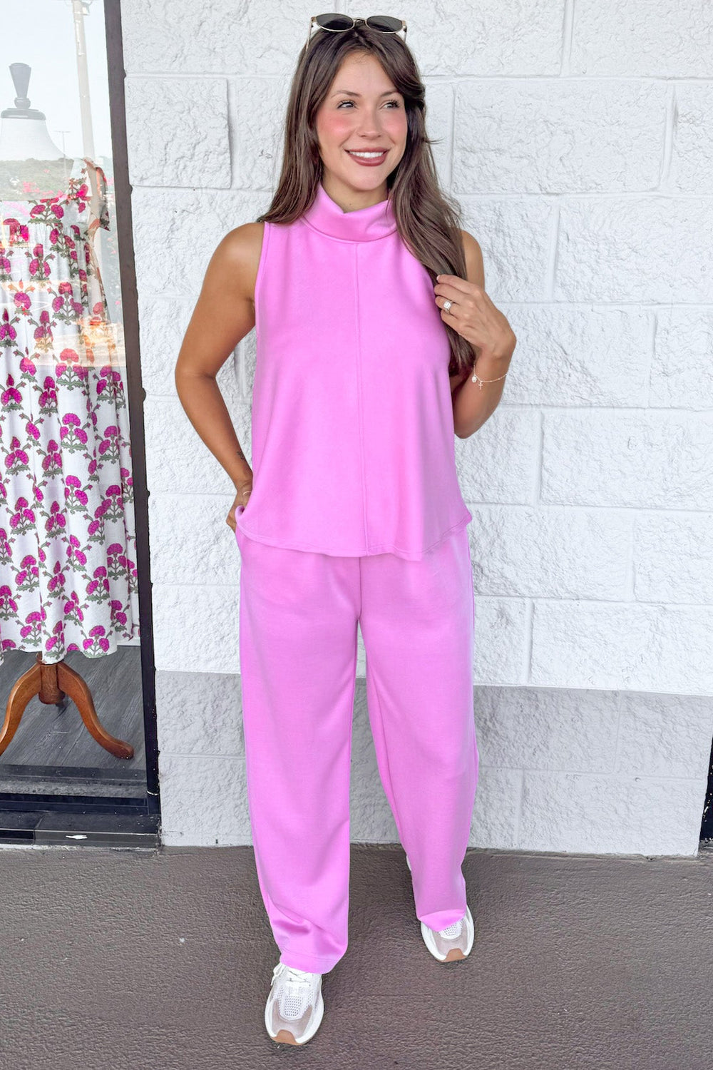 solid pink mock neck sleeveless butter soft luxe knit top with reverse seam details