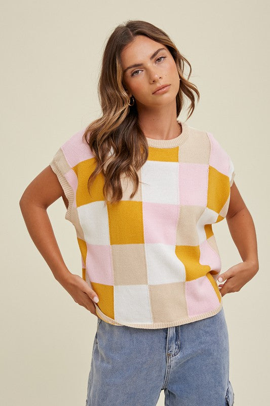 Wishlist Pink multicolor checkered sweater knit short sleeve top