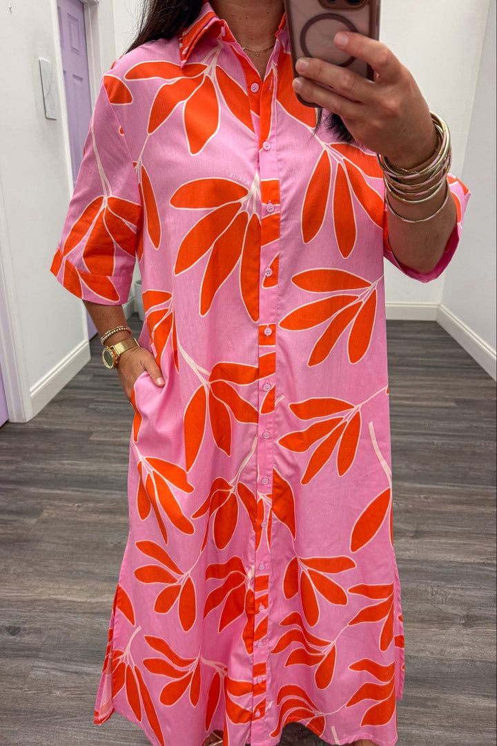 pink with orange and white palm leaf print collared neckline button front short sleeve maxi dress