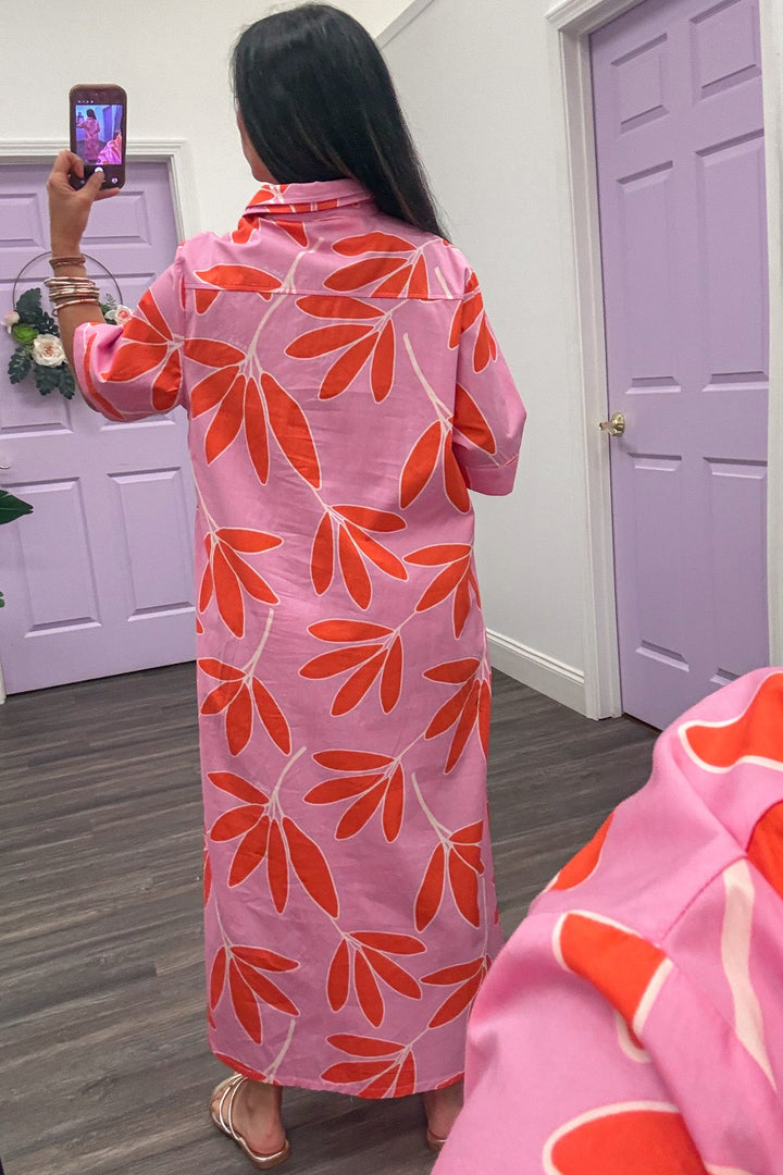 pink with orange and white palm leaf floral print button front short sleeve maxi dress