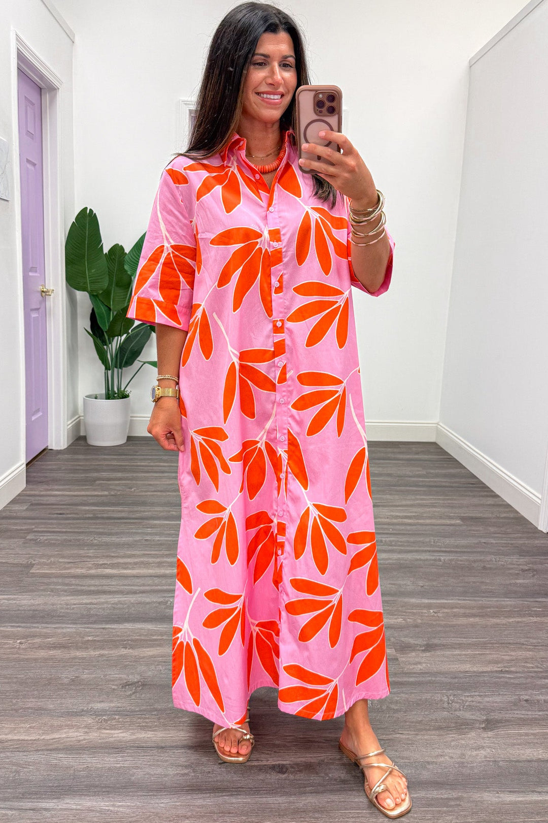 pink with orange and white palm leaf print button front short sleeve cotton poplin maxi dress