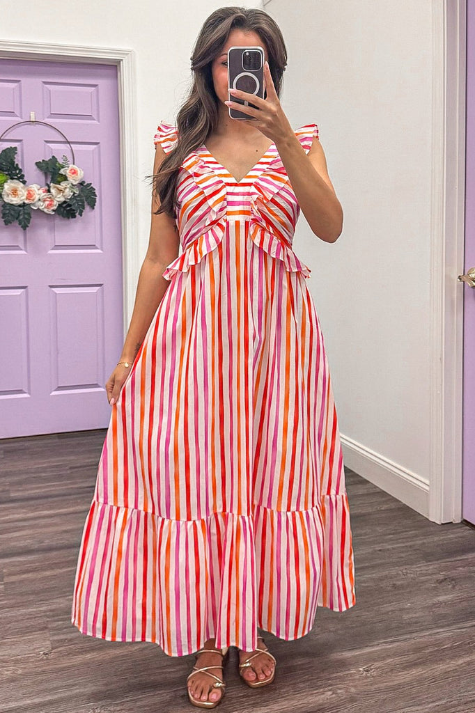 ruffle a-line midi dress in stripe poplin Pink And Orange Striped With Trim – Purple Door Boutique Size:Child-3 An elastic waistline adds details:Corset Zapaka Women Black Floral