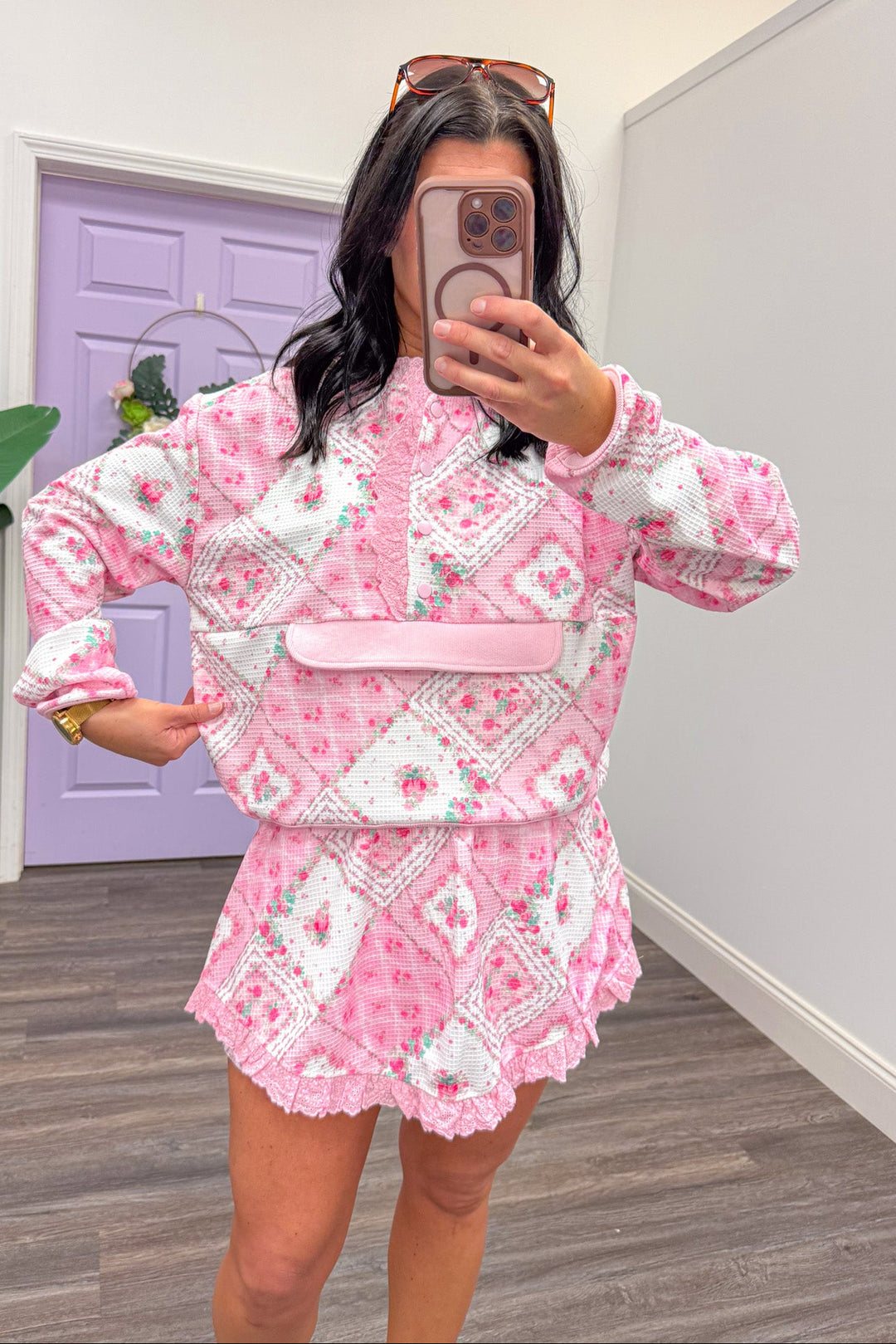 pink floral paisley thermal knit pullover top with easy relaxed fit