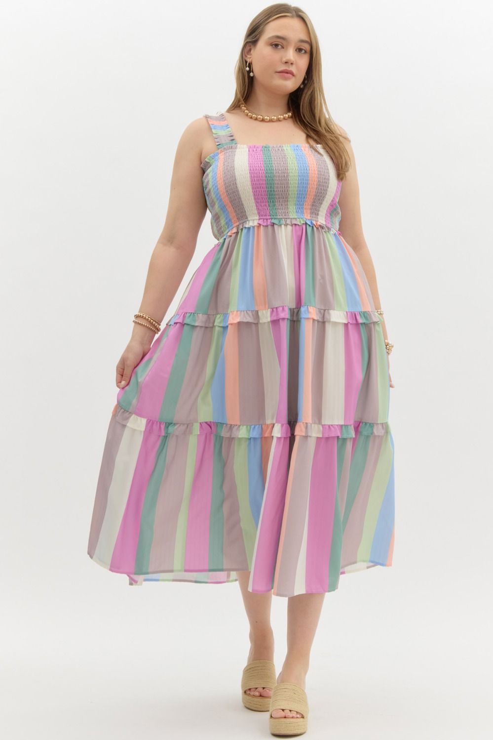 Entro Plus Pink multicolor pastel striped sleeveless ruffle tiered midi dress