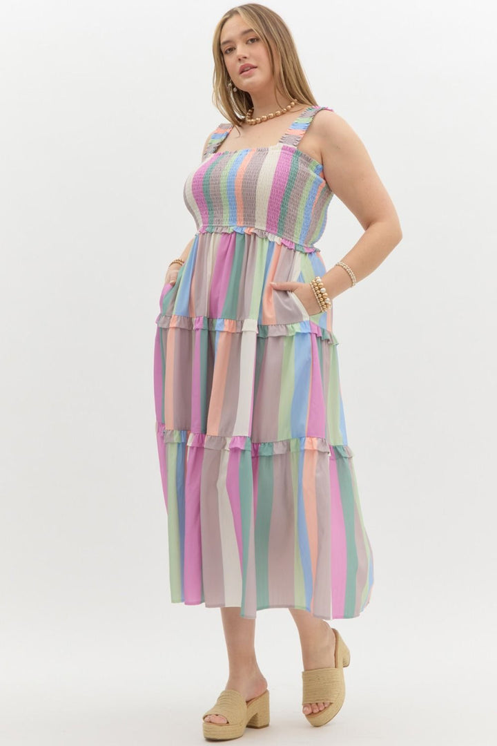 Entro Plus Pink multicolor pastel striped sleeveless ruffle tiered midi dress
