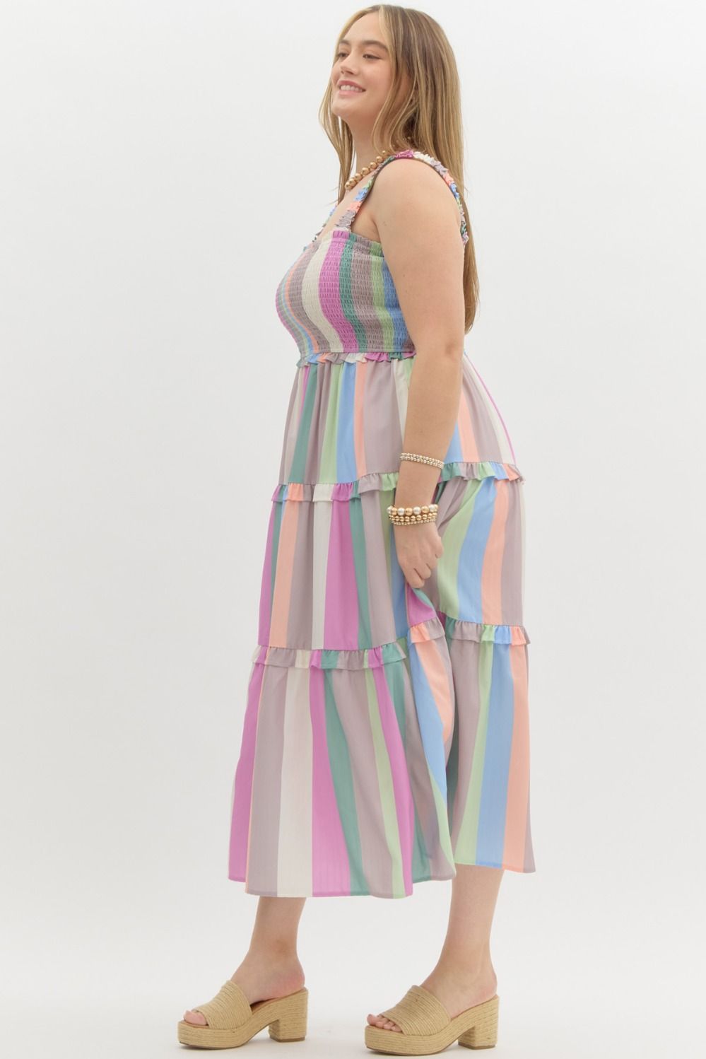 Entro Plus Pink multicolor pastel striped sleeveless ruffle tiered midi dress