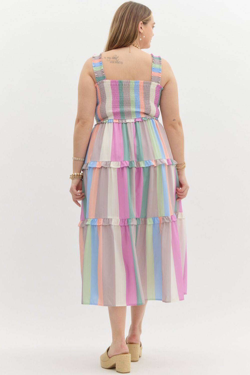 Entro Plus Pink multicolor pastel striped sleeveless ruffle tiered midi dress