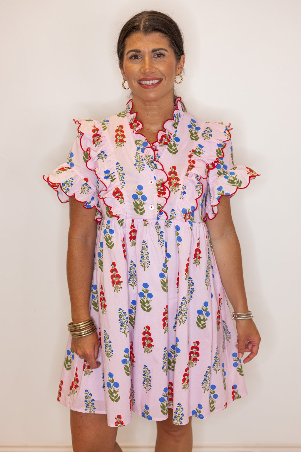 lavender cotton poplin dress with floral scalloped hem