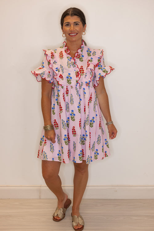 lavender cotton poplin dress with floral scalloped hem