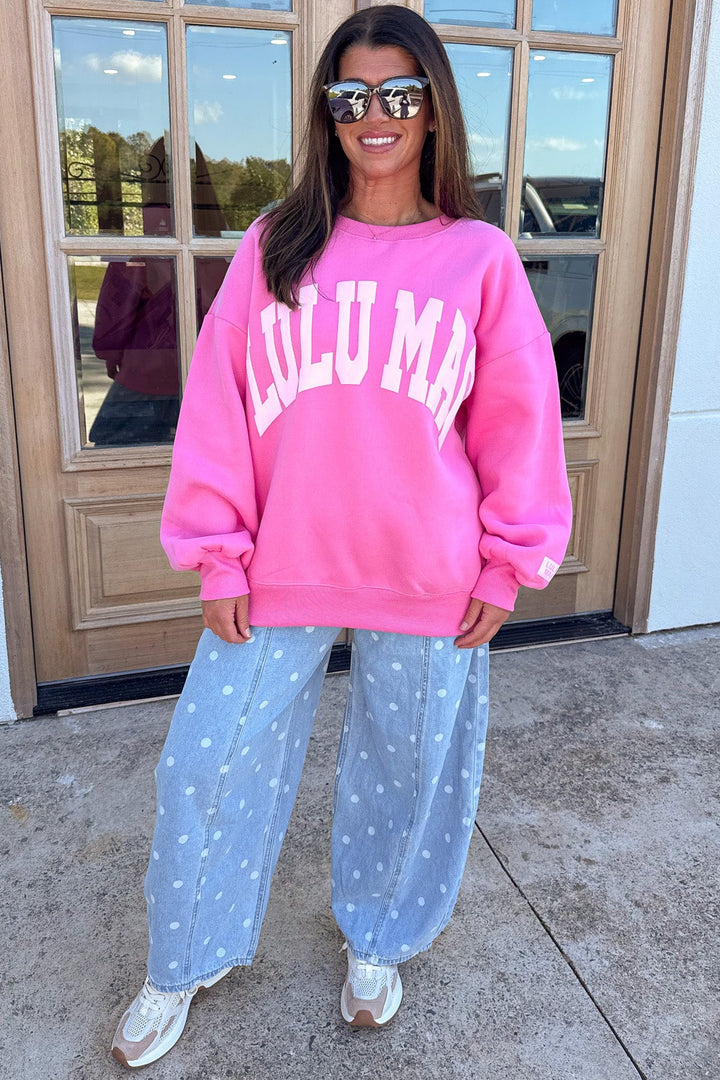 pink with light pink puff letter lulu mac long sleeve crew neckline sweatshirt