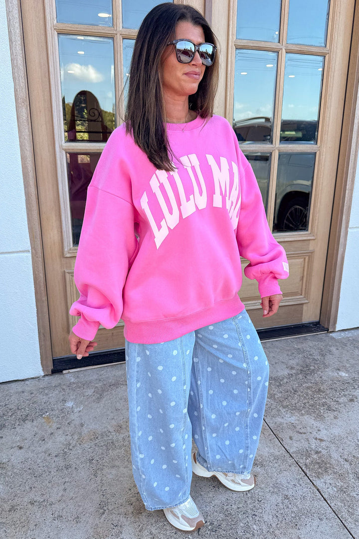 pink with light pink puff letter lulu mac cuffed long sleeve crew neckline sweatshirt
