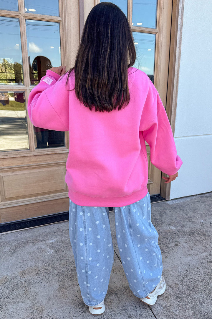 pink with light pink puff letter lulu mac long sleeve crew neckline sweatshirt with banded bottom hem